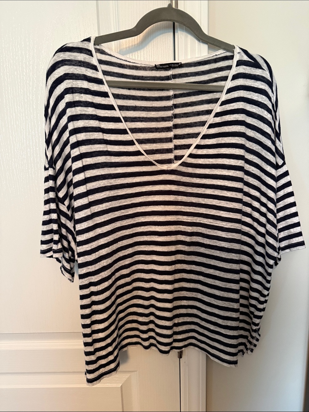 Zara Black and White Striped V-Neck Short Sleeve Top